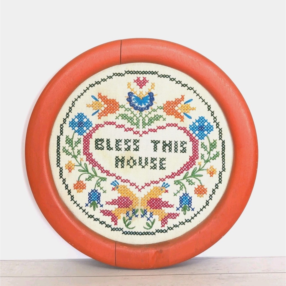 Vtg Bless This House Cross Stitch Round Wood Frame Aged Folk Art Wall Decor 10"